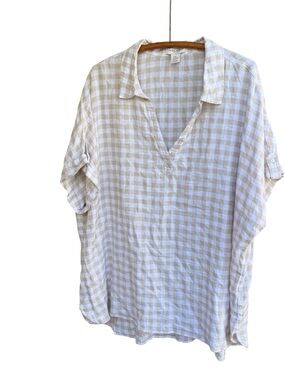 Laura Ashley Beige & White Gingham Linen Blend Oversized Tunic Top Size 3X